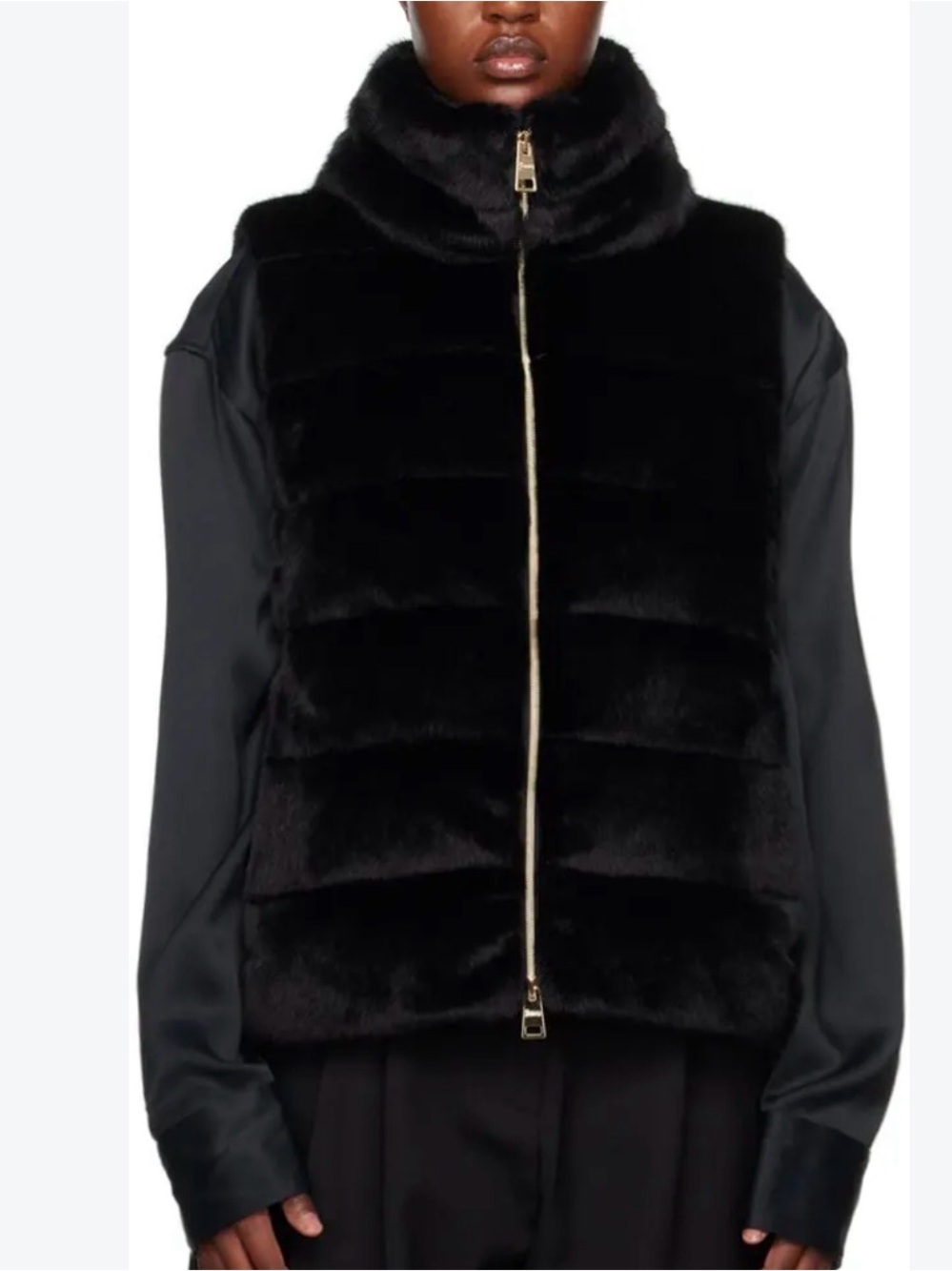 Herno black faux fur vest  zipper pull with gold-tone hardware-42